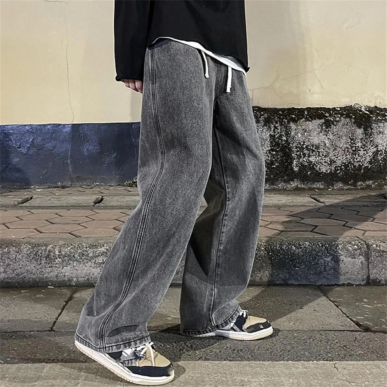 Men's Casual High Waist Straight Jeans Loose Wide Leg Jeans with Pockets with Pockets