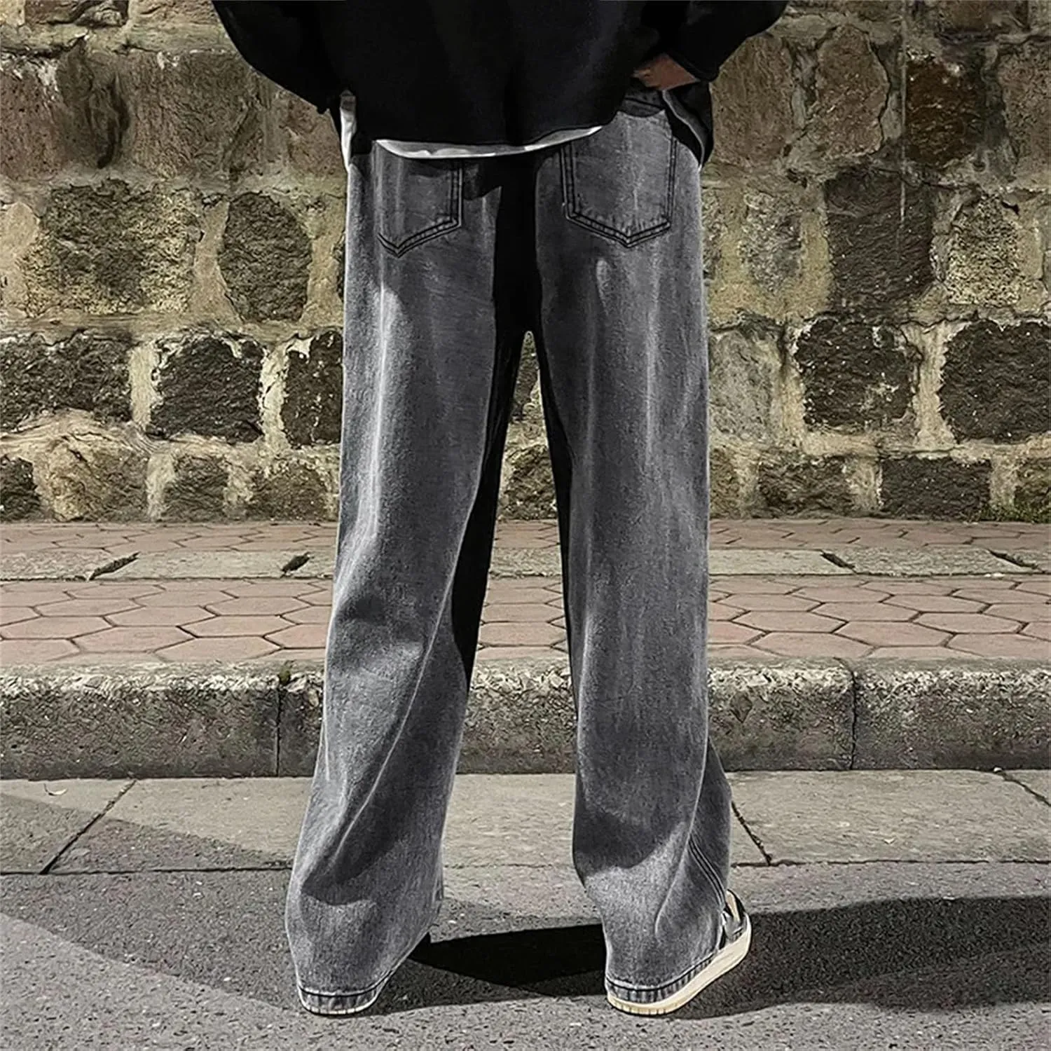 Men's Casual High Waist Straight Jeans Loose Wide Leg Jeans with Pockets with Pockets
