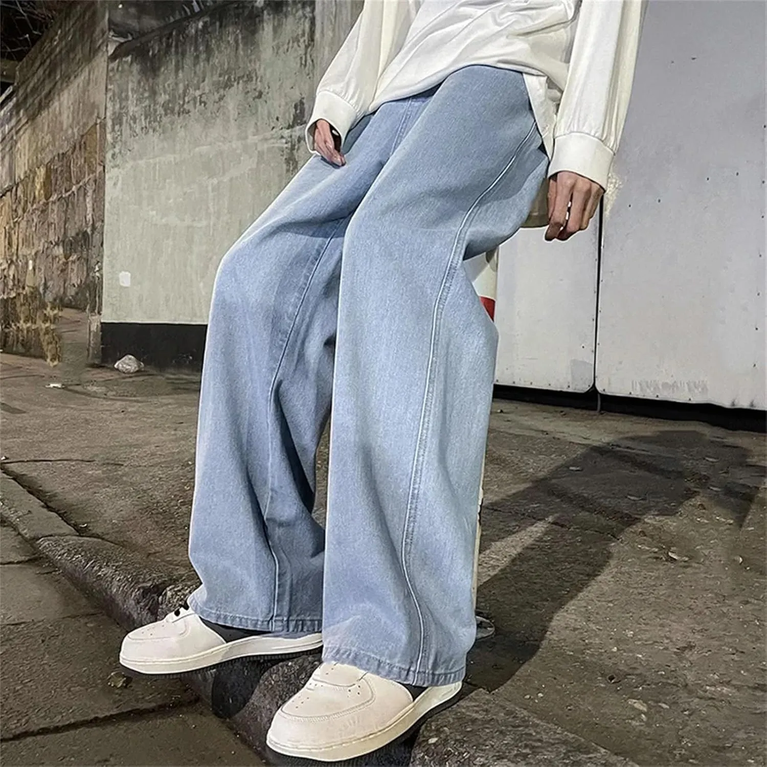 Men's Casual High Waist Straight Jeans Loose Wide Leg Jeans with Pockets with Pockets