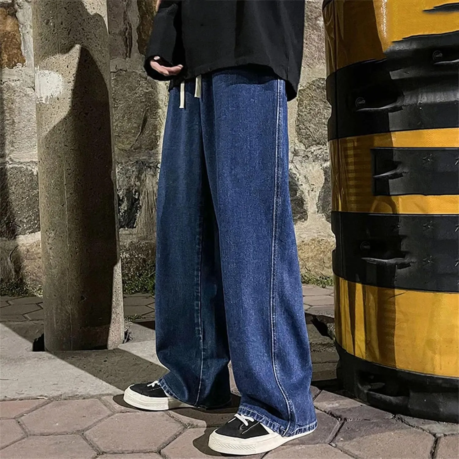 Men's Casual High Waist Straight Jeans Loose Wide Leg Jeans with Pockets with Pockets