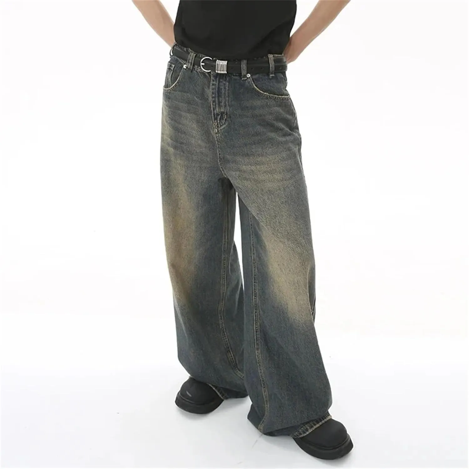 Men's Casual High Waist Wide Leg Jeans Pants Classic Vintage Straight Jeans with Pockets