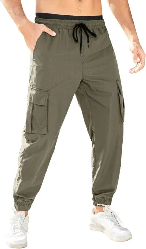 Mens Casual Sweat Pants Drawstring Stretch Hiking Pants Lightweight Relaxed Fit Joggers Trousers with Patch Pockets