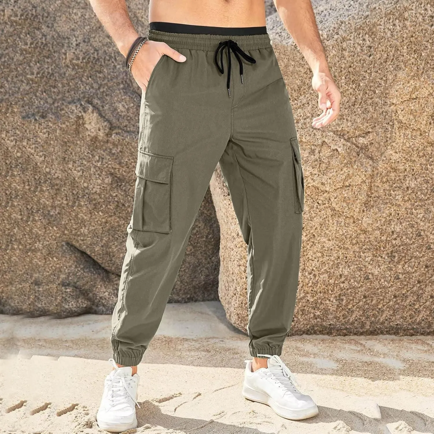Mens Casual Sweat Pants Drawstring Stretch Hiking Pants Lightweight Relaxed Fit Joggers Trousers with Patch Pockets