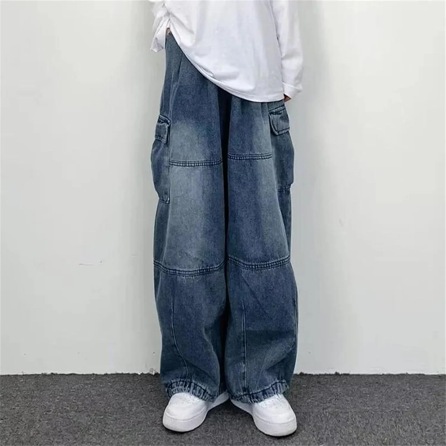 Men's Casual Wide Leg Comfortable Jeans Fashion High Waist Straight Jeans with Pockets