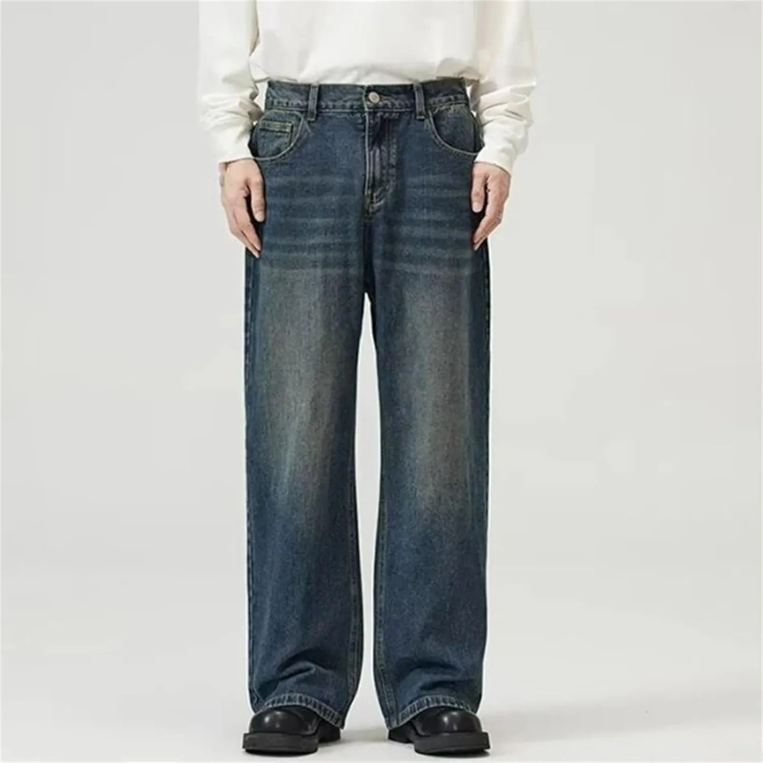 Men's Casual Wide Leg Loose Jeans Fashion High Waist Wash Straight Jeans with Pockets