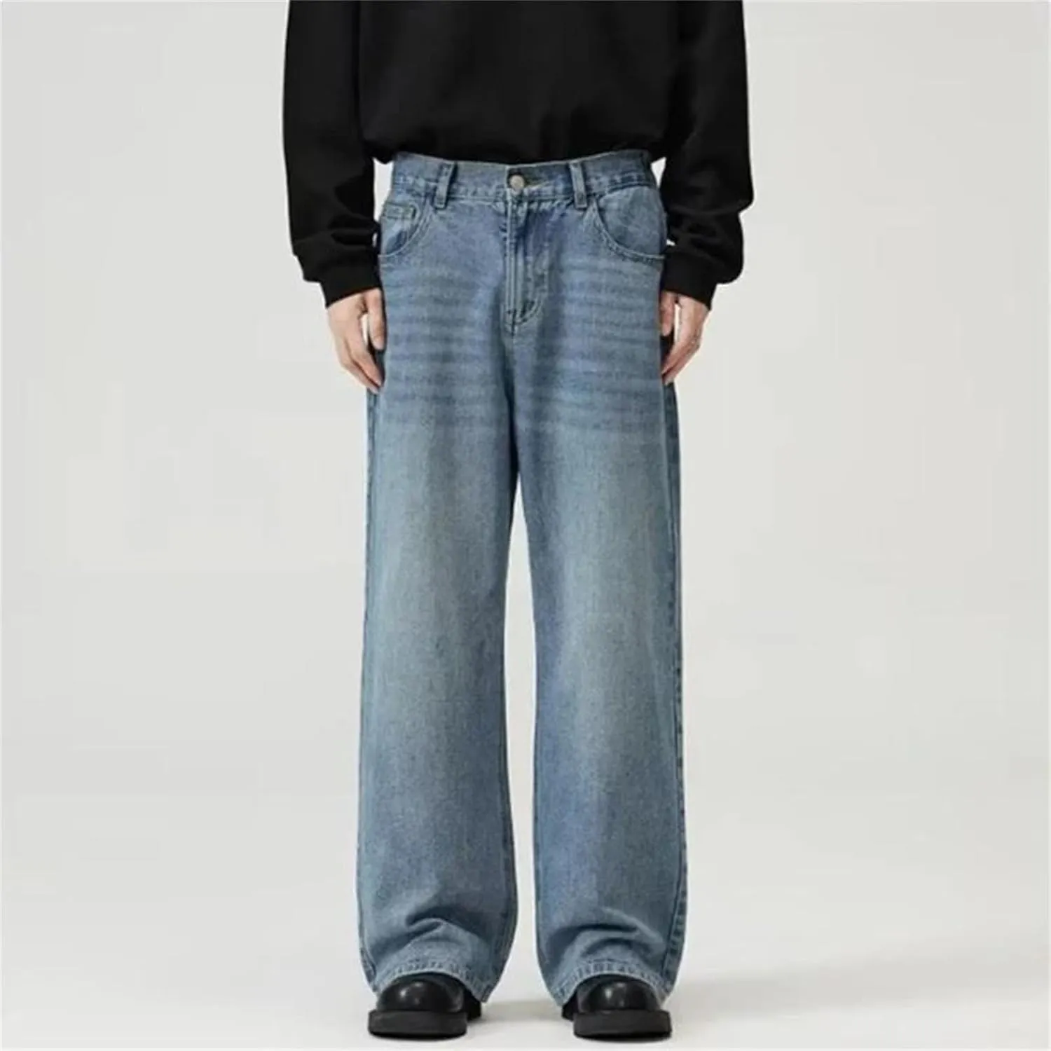 Men's Casual Wide Leg Loose Jeans Fashion High Waist Wash Straight Jeans with Pockets