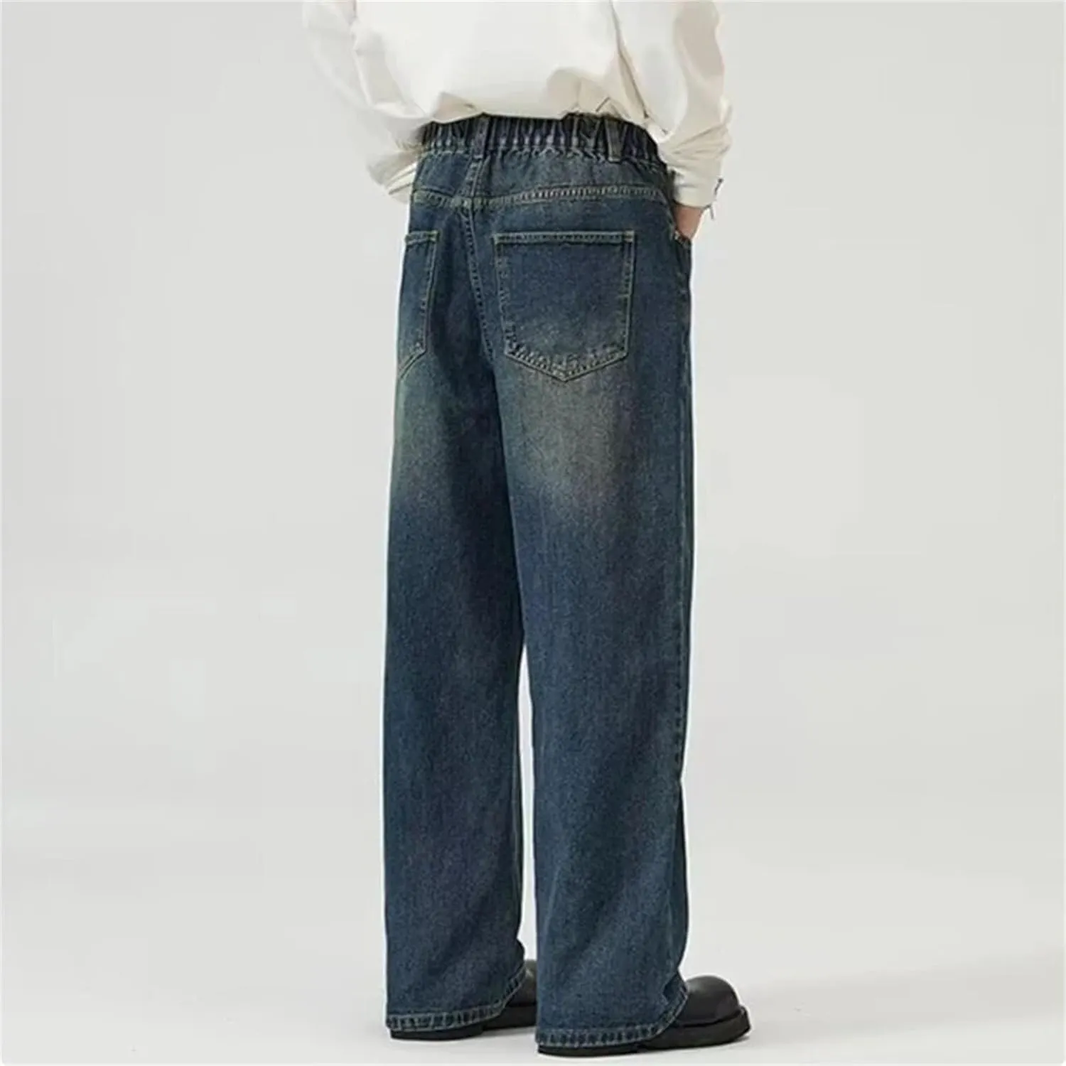 Men's Casual Wide Leg Loose Jeans Fashion High Waist Wash Straight Jeans with Pockets