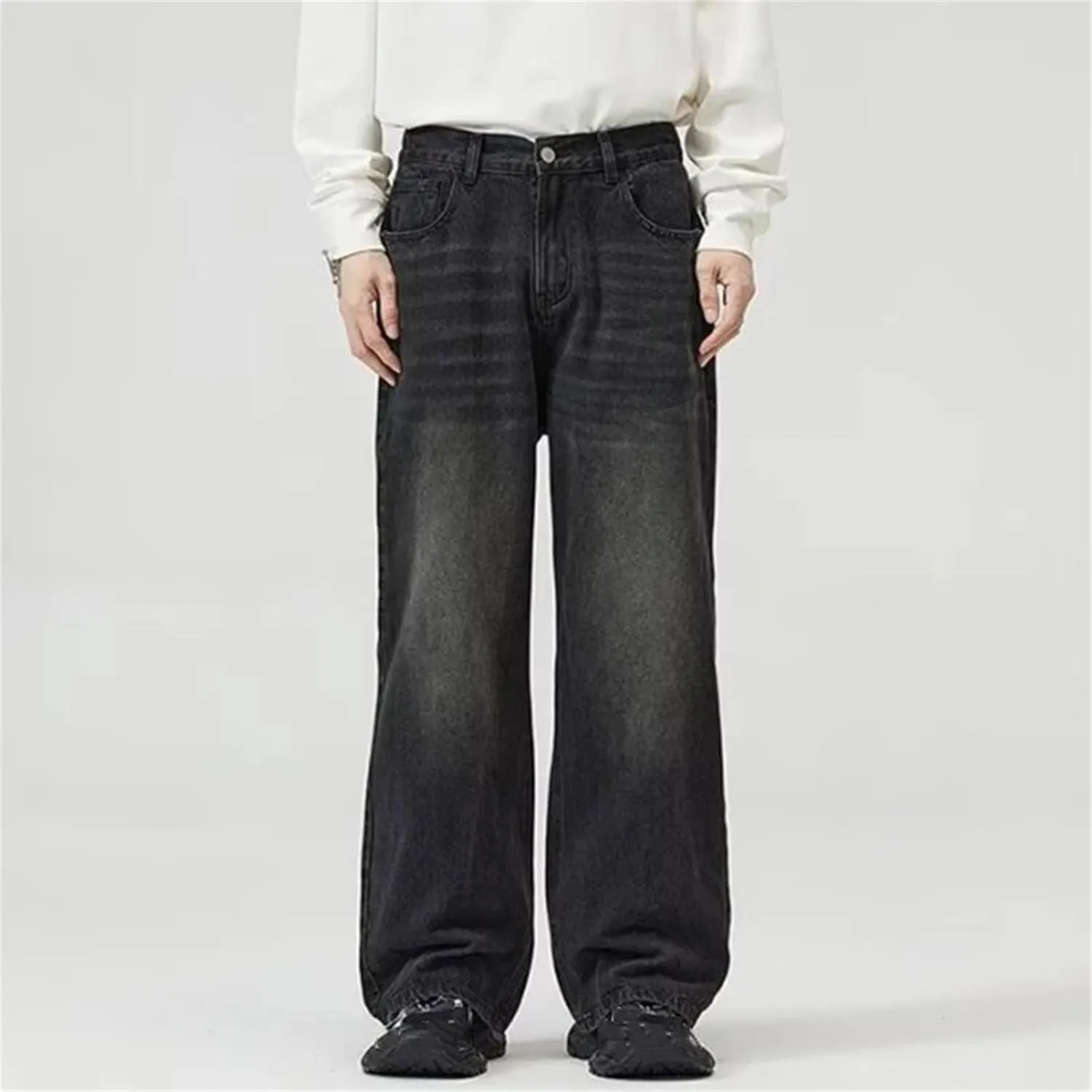 Men's Casual Wide Leg Loose Jeans Fashion High Waist Wash Straight Jeans with Pockets