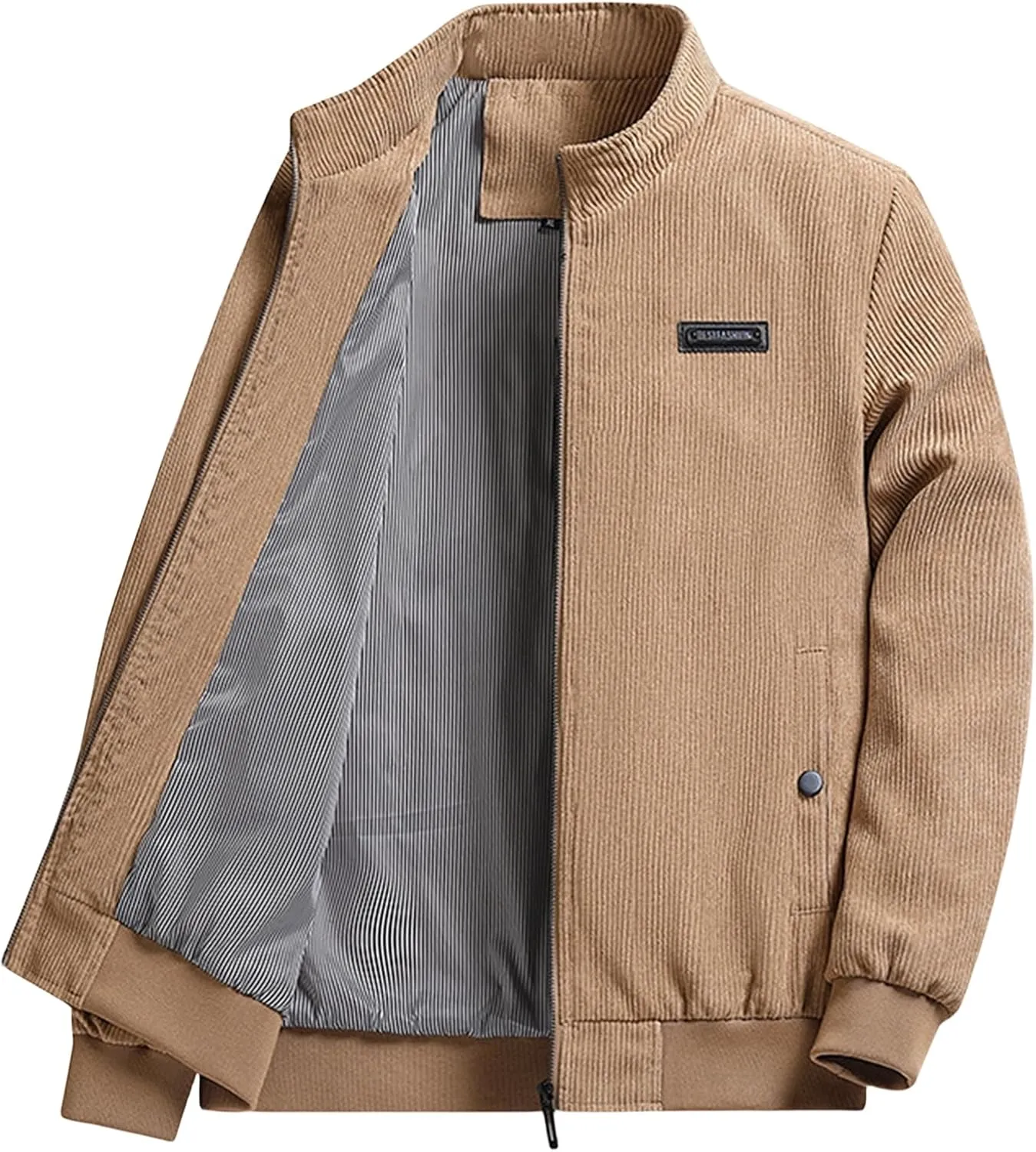 Mens Corduroy Shacket Jacket Casual Solid Color Overshirt Sherpa Lined Bomber Jacket Featuring Full Zip Up Windbreaker