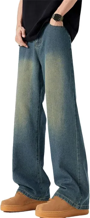 Men's Fashion High Waist Solid Color Straight Jeans Casual Vintage Loose Wide Leg Jeans