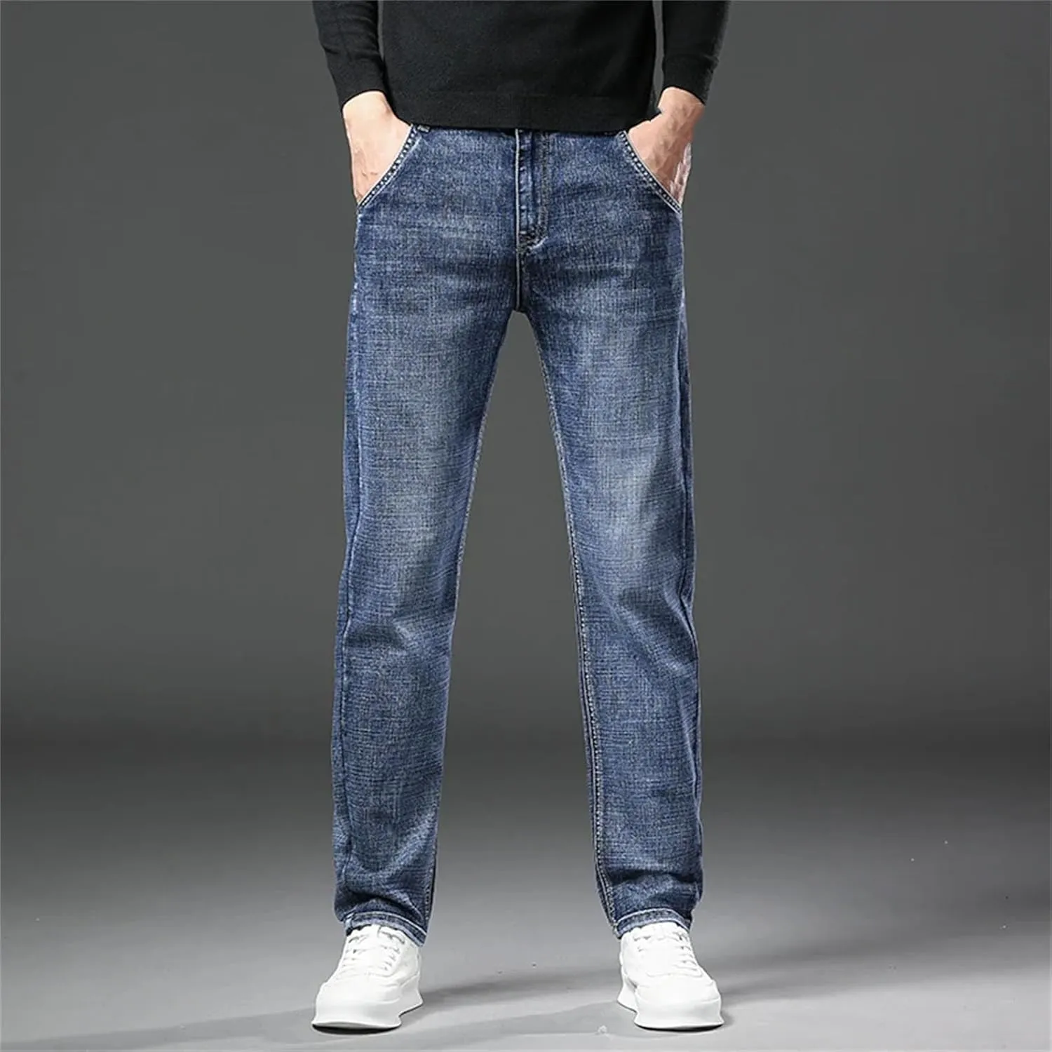 Men's Fashion Straight Jeans Baggy Soft Stretch Casual Business Fit Jeans with Pockets