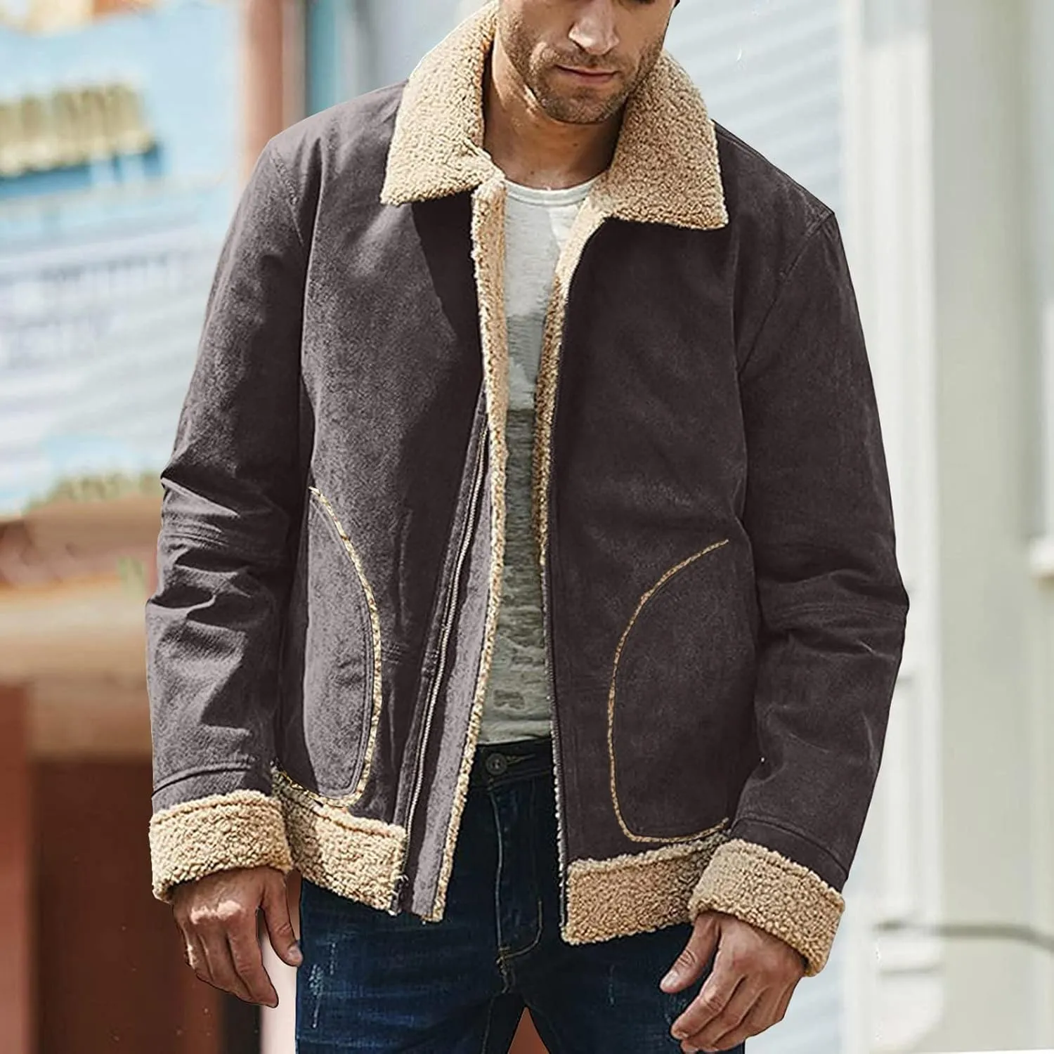 Mens Faux Leather Lamb Wool Bomber Coat Sherpa Fleece Lined Jackets Heavyweight Suede Faux Fur Trench Coat with Pockets