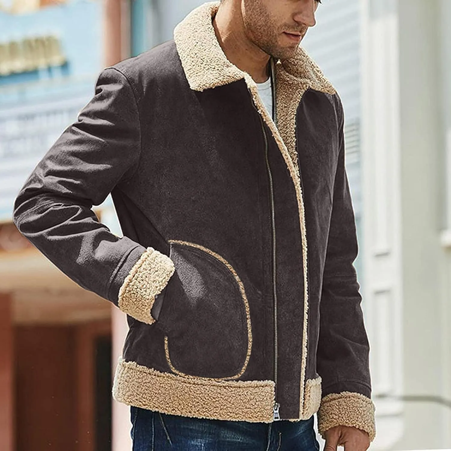 Mens Faux Leather Lamb Wool Bomber Coat Sherpa Fleece Lined Jackets Heavyweight Suede Faux Fur Trench Coat with Pockets