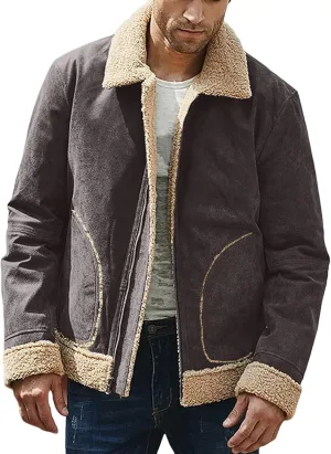 Mens Faux Leather Lamb Wool Bomber Coat Sherpa Fleece Lined Jackets Heavyweight Suede Faux Fur Trench Coat with Pockets