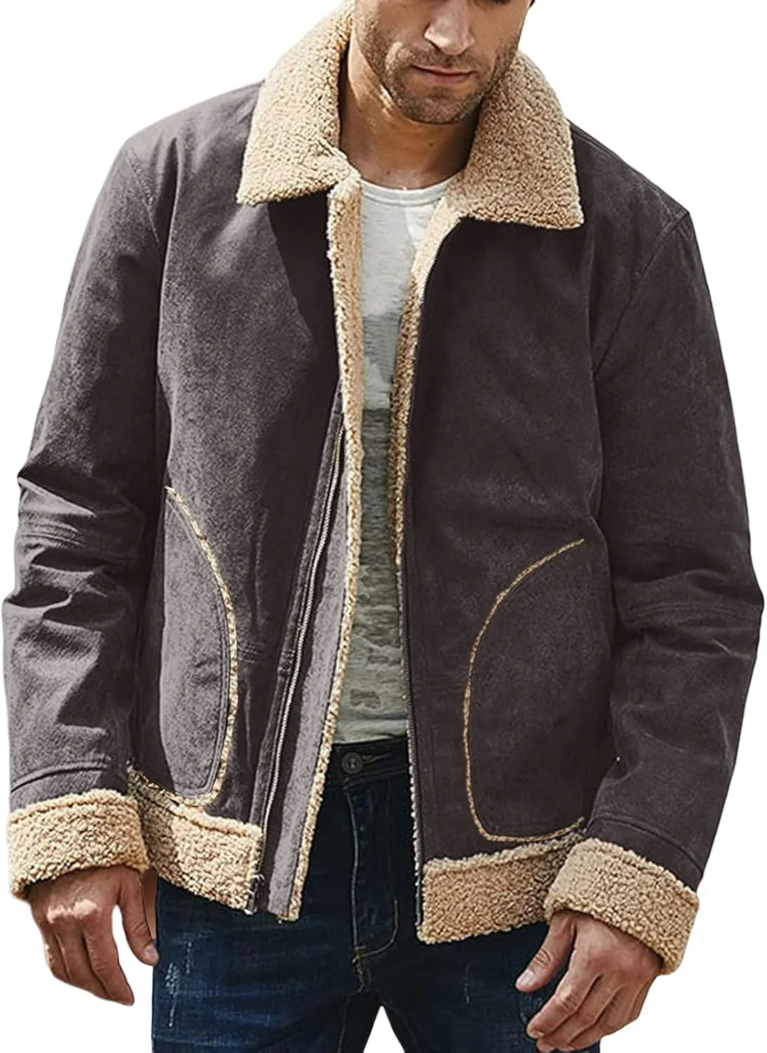 Mens Faux Leather Lamb Wool Bomber Coat Sherpa Fleece Lined Jackets Heavyweight Suede Faux Fur Trench Coat with Pockets