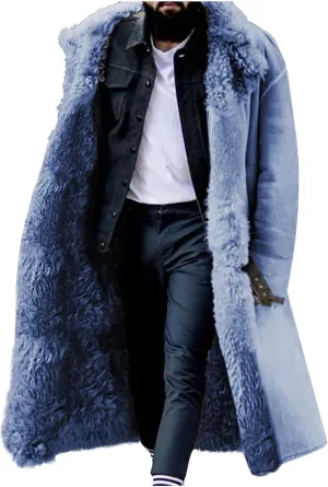 Mens Faux Suede Sherpa Fleece Lined Trench Overcoat Warm Lapel Collar Long Parke Jacket with Pockets Winter