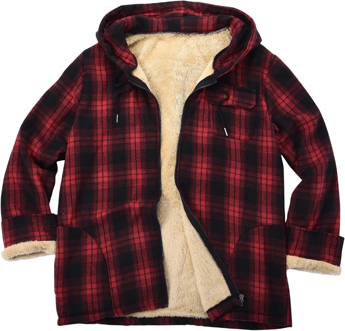 Mens Flannel Gridded Hooded Sweatshirt Jacket Thickened Warm Coat Long Sleeve Fleece Lined Overcoat with Pockets