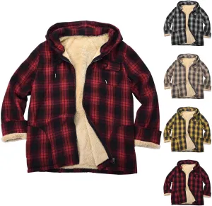 Mens Flannel Gridded Hooded Sweatshirt Jacket Thickened Warm Coat Long Sleeve Fleece Lined Overcoat with Pockets
