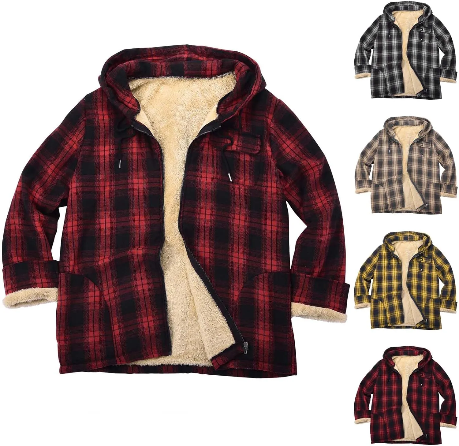Mens Flannel Gridded Hooded Sweatshirt Jacket Thickened Warm Coat Long Sleeve Fleece Lined Overcoat with Pockets