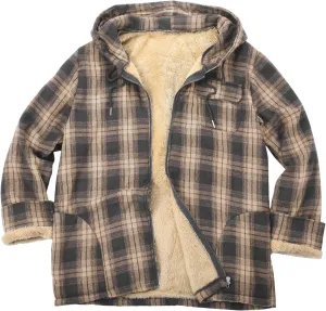 Mens Flannel Gridded Hooded Sweatshirt Jacket Thickened Warm Coat Long Sleeve Fleece Lined Overcoat with Pockets