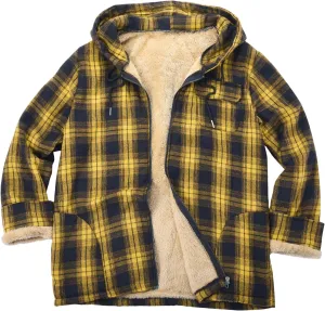 Mens Flannel Gridded Hooded Sweatshirt Jacket Thickened Warm Coat Long Sleeve Fleece Lined Overcoat with Pockets