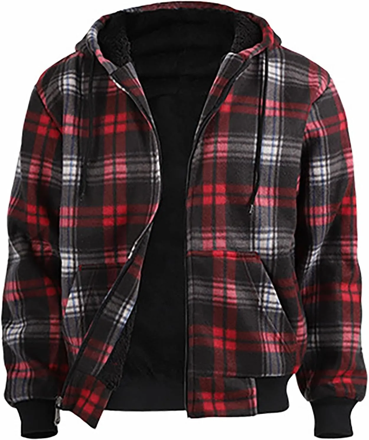 Mens Flannel Plaid Jacket Long Sleeve Button Hooded Cardigan Autumn and Winter Thickened Tops Cotton Casual Coats