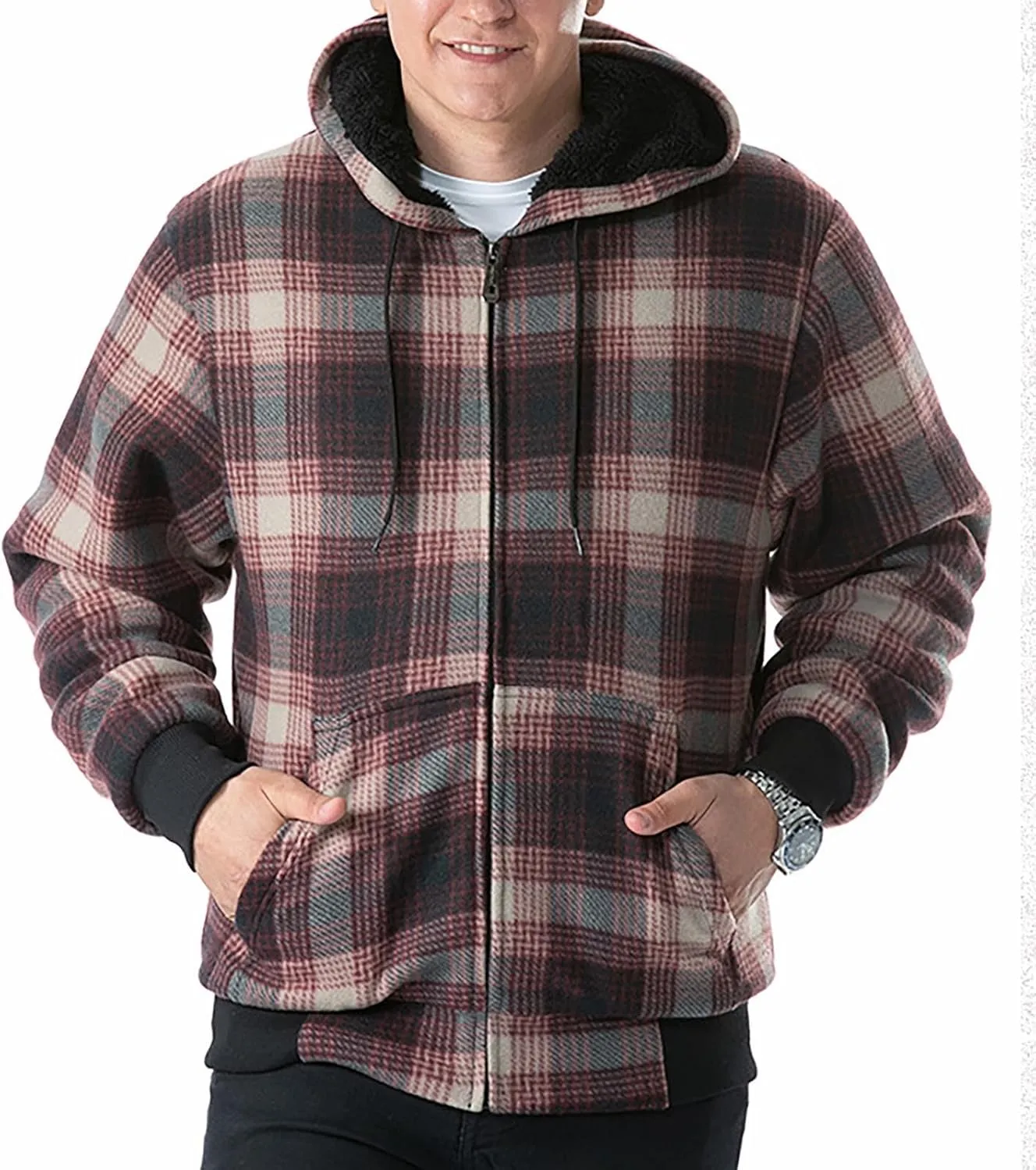 Mens Flannel Plaid Jacket Long Sleeve Button Hooded Cardigan Autumn and Winter Thickened Tops Cotton Casual Coats