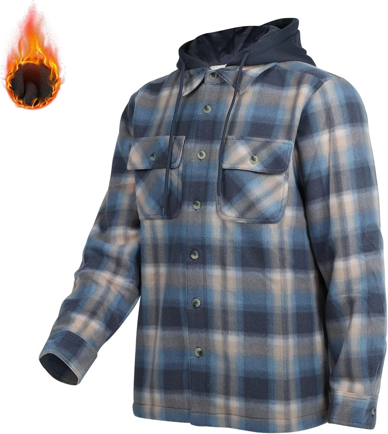 Mens Flannel Plaid Jacket Long Sleeve Button Hooded Cardigan Autumn and Winter Thickened Tops Cotton Casual Coats