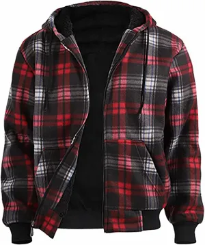 Mens Flannel Plaid Jacket Long Sleeve Button Hooded Cardigan Autumn and Winter Thickened Tops Cotton Casual Coats