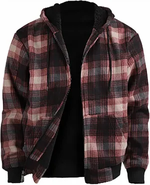 Mens Flannel Plaid Jacket Long Sleeve Button Hooded Cardigan Autumn and Winter Thickened Tops Cotton Casual Coats