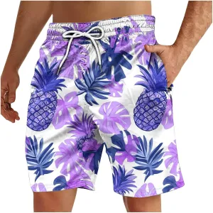 Mens Flower Flat Front Beach Shorts Casual Aloha Hawaiian Shorts Quick Dry Swim Trunks Summer Surf Board Shorts