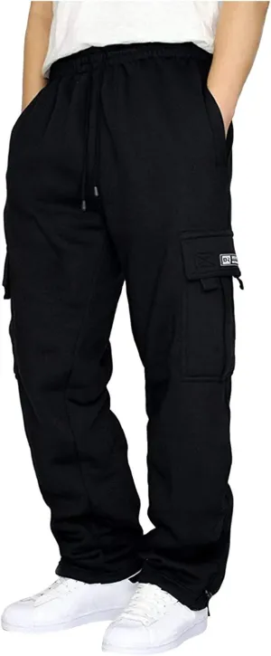 Men's Heavyweight Fleece Cargo Sweatpants, Drawstring Loose Fit Sweatpants, Open Bottom Athletic Pants with Pockets