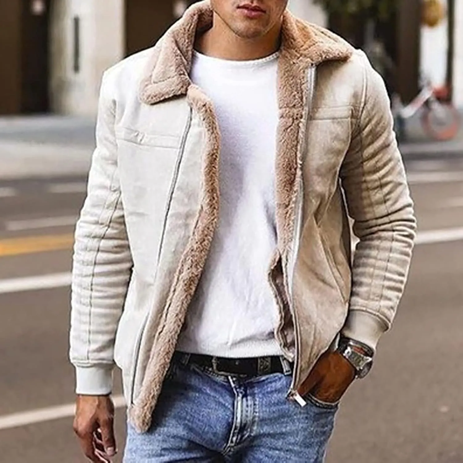 Mens Lamb Wool Bomber Coat Faux Leather Sherpa Fleece Lined Jackets Heavyweight Suede Warm Faux Fur Trench Coat for Winter