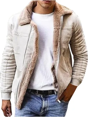 Mens Lamb Wool Bomber Coat Faux Leather Sherpa Fleece Lined Jackets Heavyweight Suede Warm Faux Fur Trench Coat for Winter