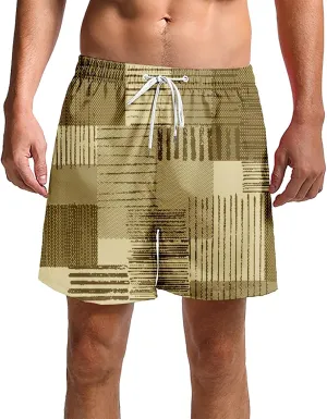 Mens Linen Plaid Bermuda Shorts Ethnic Pattern Jogger Shorts Summer Straight Drawstring Beach Short with Pockets
