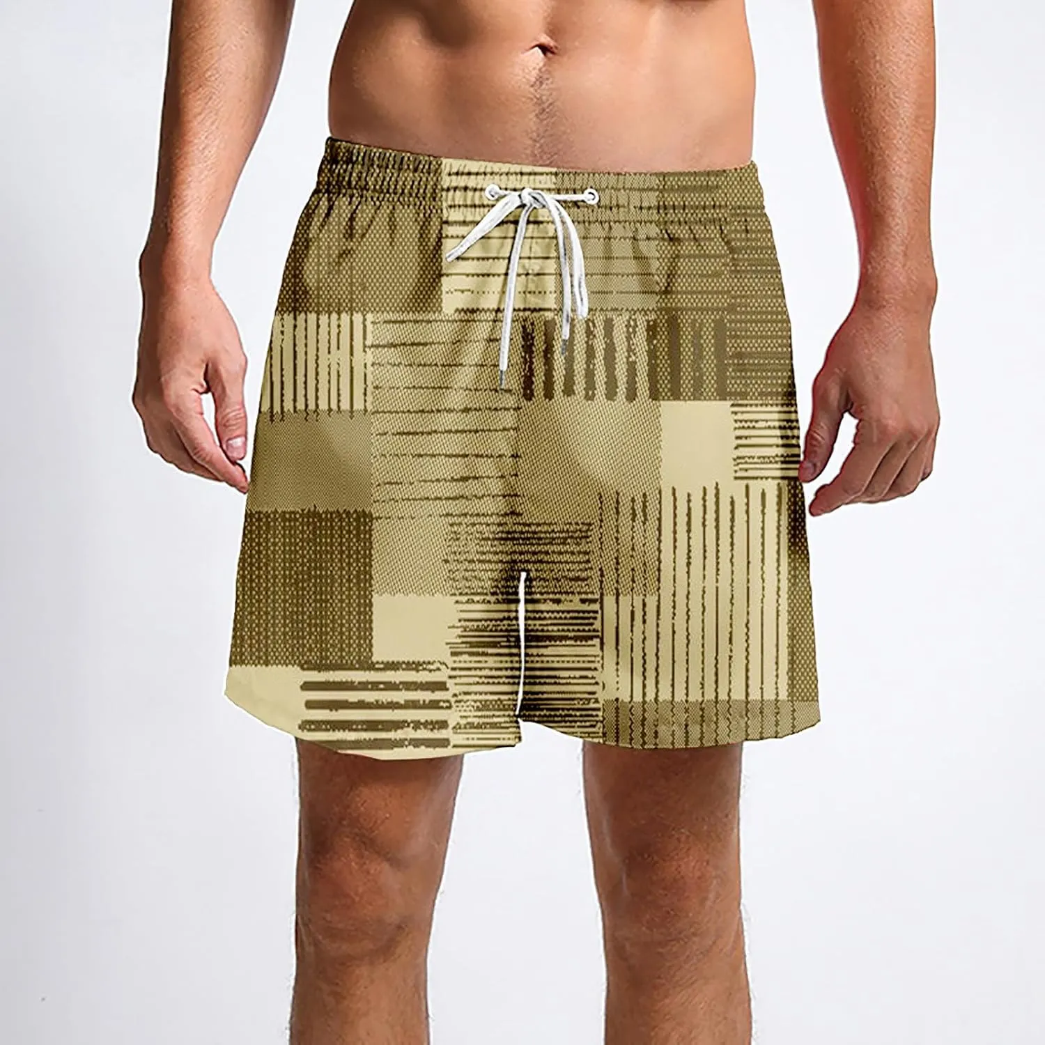 Mens Linen Plaid Bermuda Shorts Ethnic Pattern Jogger Shorts Summer Straight Drawstring Beach Short with Pockets