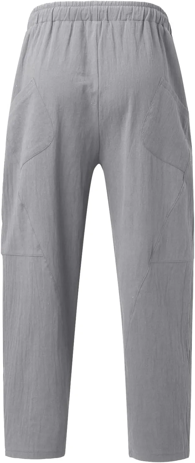 Men's Loose Fit Cotton Linen Pants Drawstring Stretch Comfy Summer Beach Yoga Pants Straight Leg Open Bottom Trousers