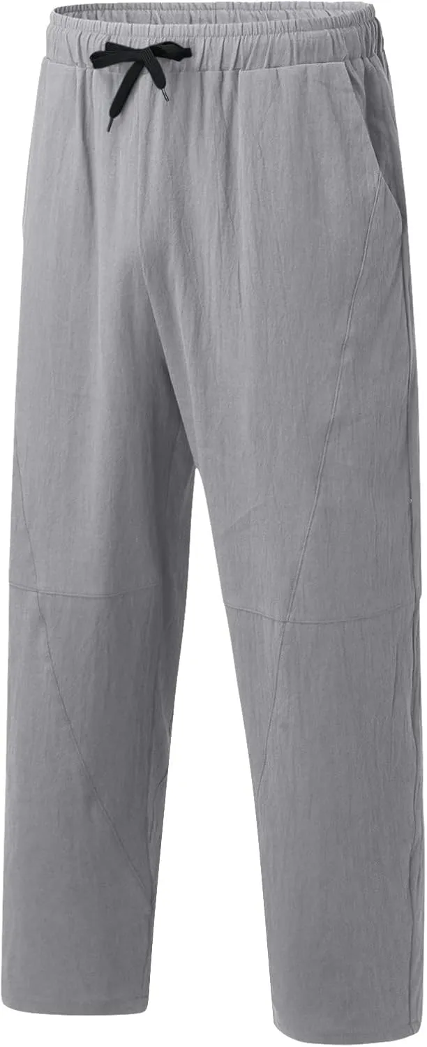 Men's Loose Fit Cotton Linen Pants Drawstring Stretch Comfy Summer Beach Yoga Pants Straight Leg Open Bottom Trousers