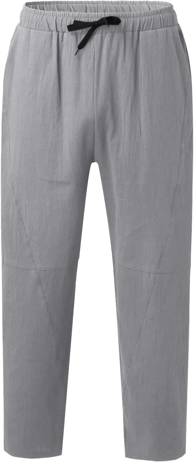 Men's Loose Fit Cotton Linen Pants Drawstring Stretch Comfy Summer Beach Yoga Pants Straight Leg Open Bottom Trousers