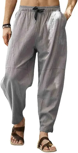Men's Loose Fit Cotton Linen Pants Drawstring Stretch Comfy Summer Beach Yoga Pants Straight Leg Open Bottom Trousers