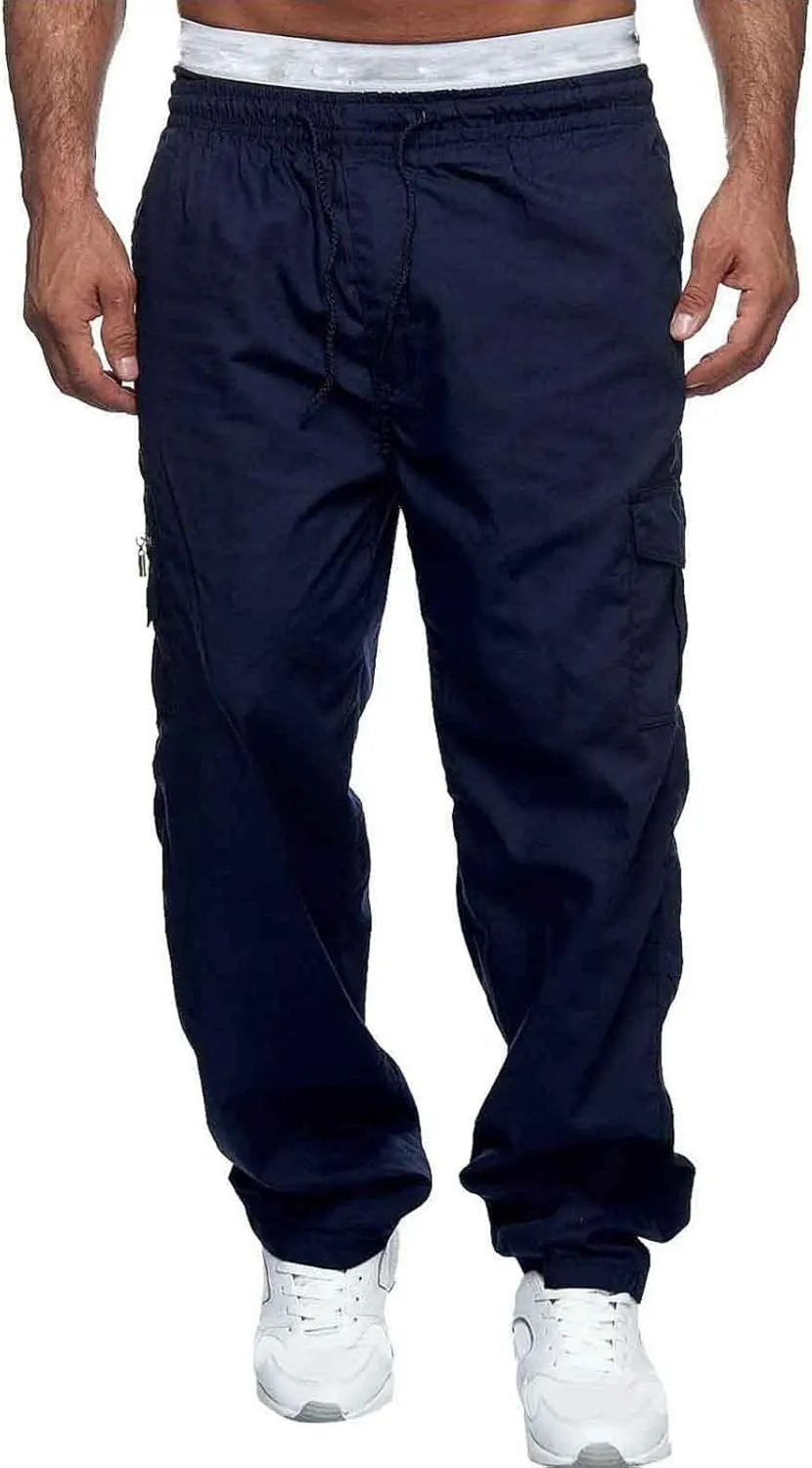 Men's Outdoor Hiking Ripstop Cargo Pants Multi-Pocket Work Utility Pants Straight Leg Open Bottom Trousers