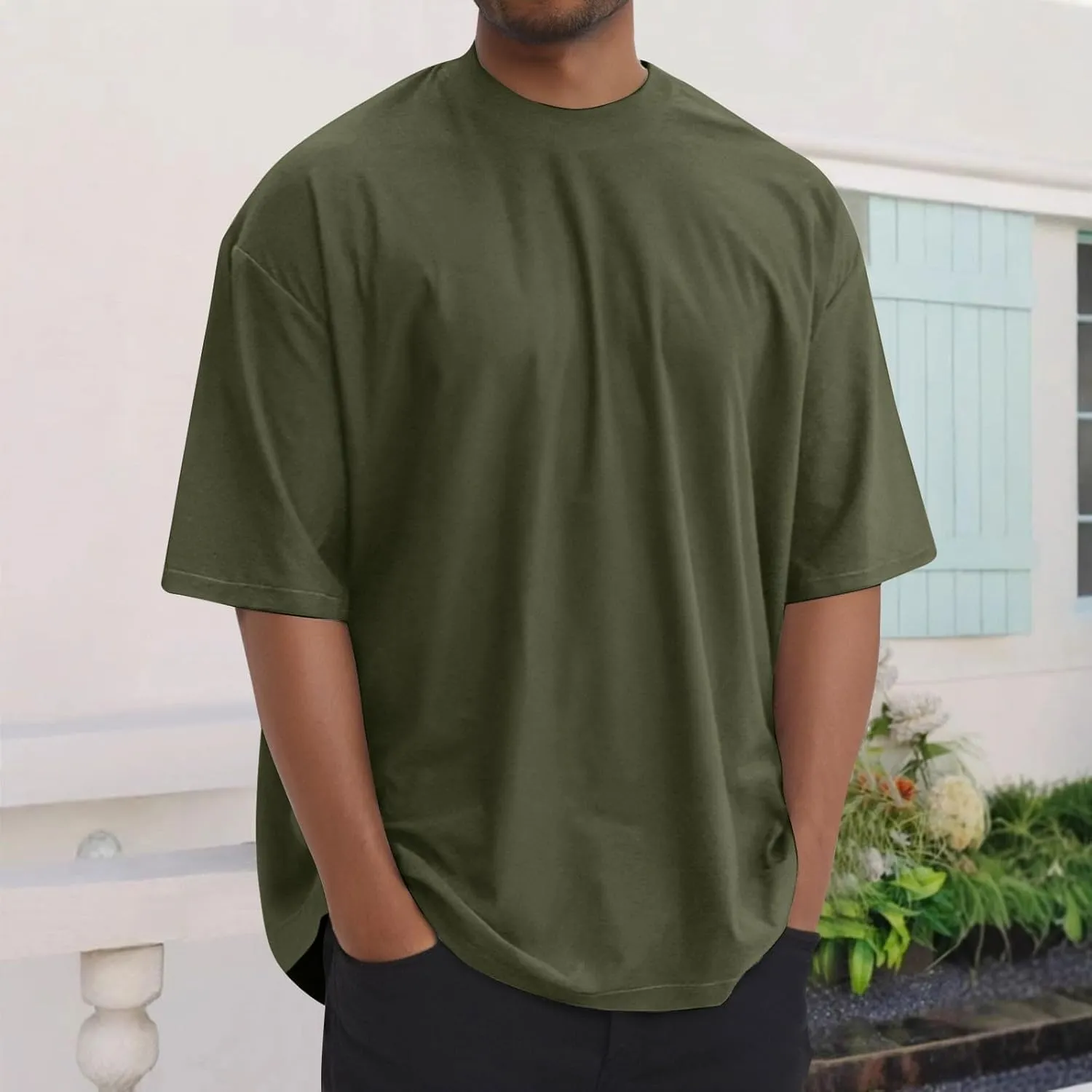 Mens Oversize Pullover Solid Color Casual Tees Fashion Drop Shoulder Short Sleeve Tshirts