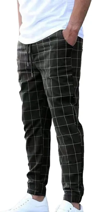 Mens Plaid Pants Elastic Waist Casual Stretch Joggers Loose Fit Athletic Fitness Carrot Pants with Pockets