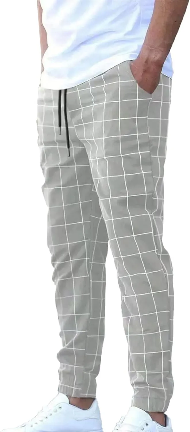 Mens Plaid Pants Elastic Waist Casual Stretch Joggers Loose Fit Athletic Fitness Carrot Pants with Pockets