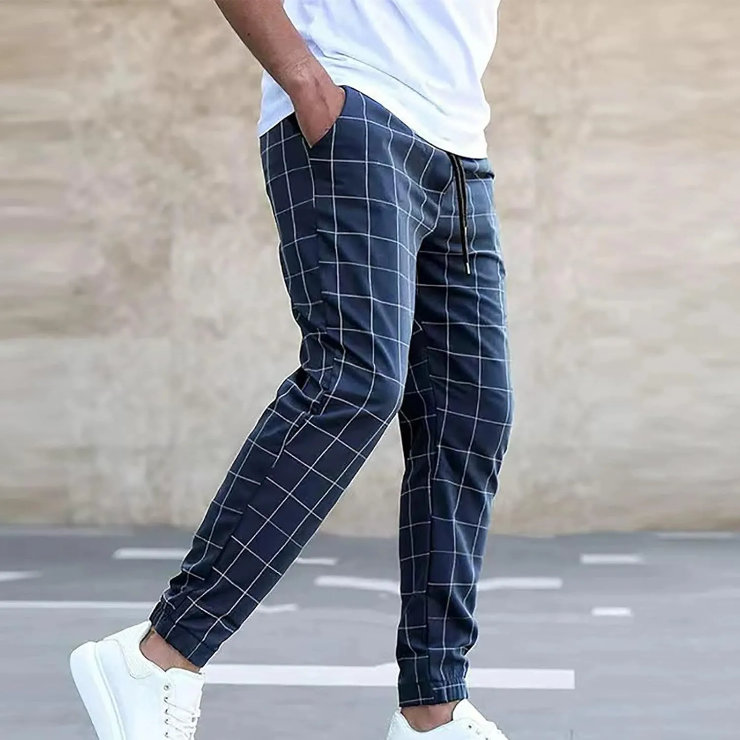 Mens Plaid Pants Elastic Waist Casual Stretch Joggers Loose Fit Athletic Fitness Carrot Pants with Pockets