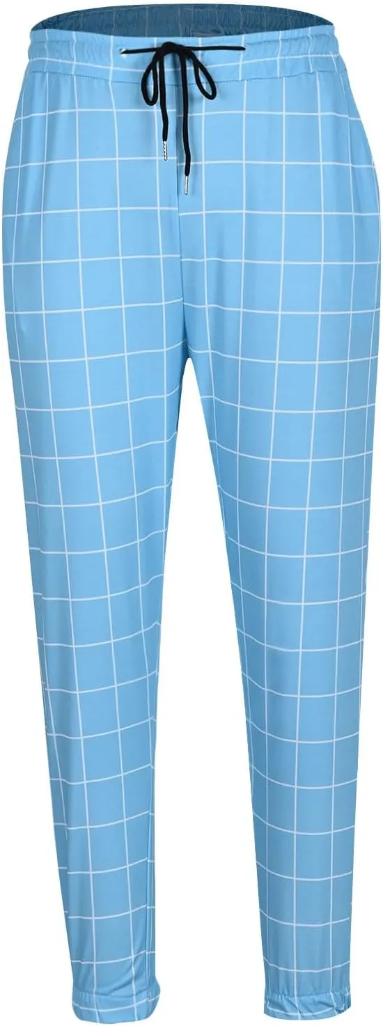 Mens Plaid Pants Elastic Waist Casual Stretch Joggers Loose Fit Athletic Fitness Carrot Pants with Pockets