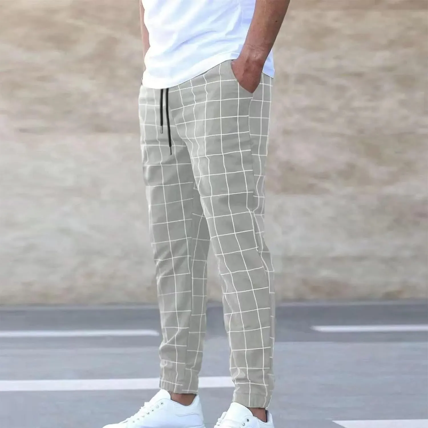 Mens Plaid Pants Elastic Waist Casual Stretch Joggers Loose Fit Athletic Fitness Carrot Pants with Pockets