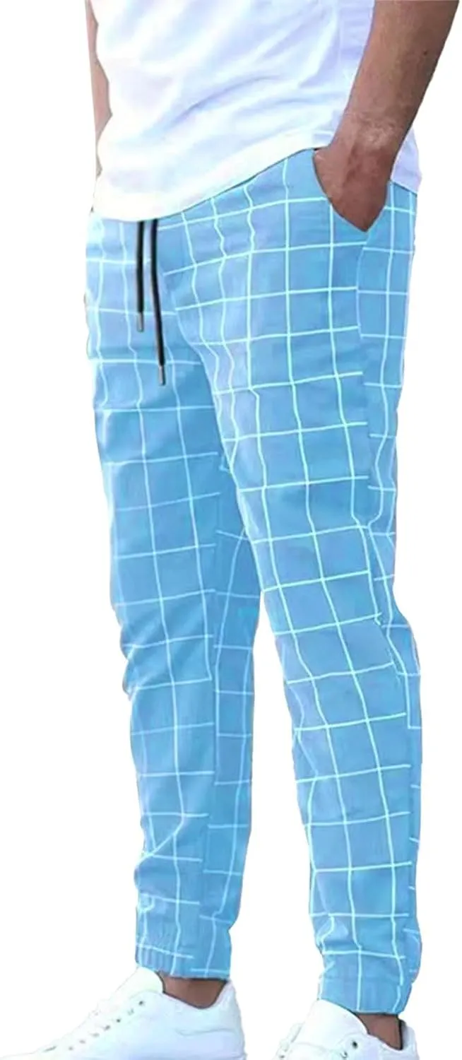 Mens Plaid Pants Elastic Waist Casual Stretch Joggers Loose Fit Athletic Fitness Carrot Pants with Pockets