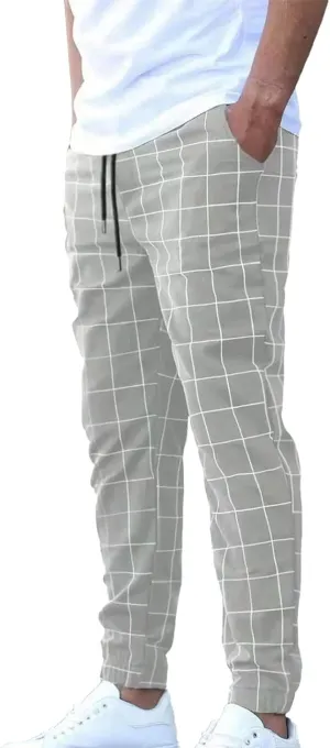 Mens Plaid Pants Elastic Waist Casual Stretch Joggers Loose Fit Athletic Fitness Carrot Pants with Pockets