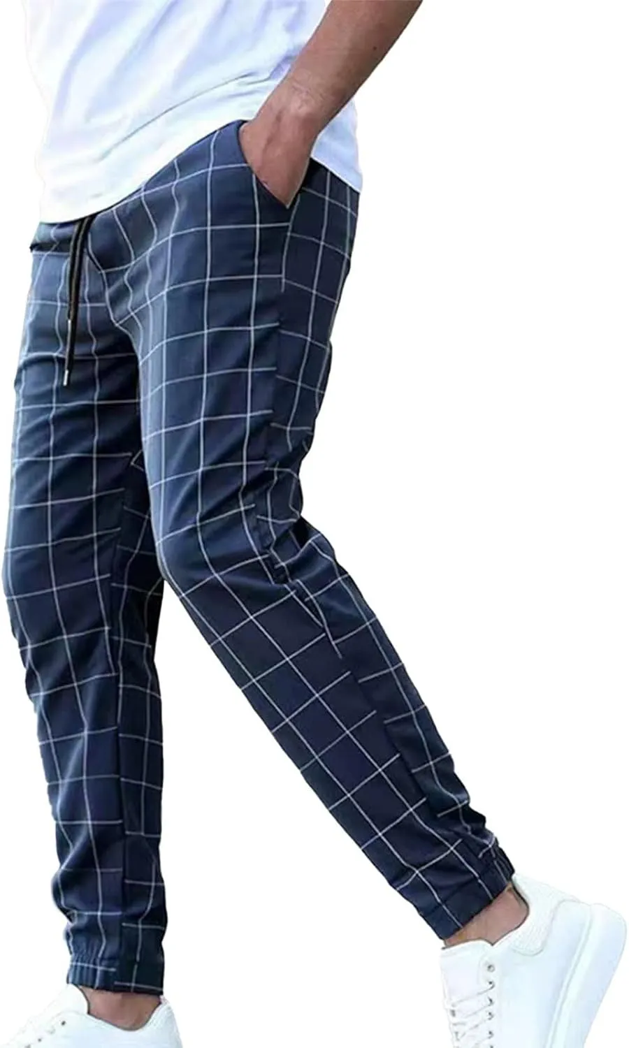 Mens Plaid Pants Elastic Waist Casual Stretch Joggers Loose Fit Athletic Fitness Carrot Pants with Pockets